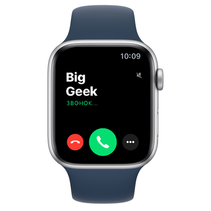 Apple Watch SE, 44 мм, из алюминия серебристого цвета, спортивный ремешок цвета «синий омут» (2020)