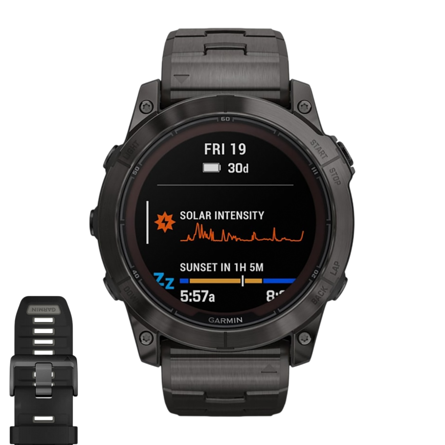Спортивные часы Garmin fenix 7X Pro Sapphire Solar Edition, 51 мм, титановый блочный браслет, чёрный силиконовый ремешок
