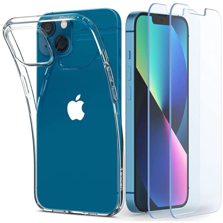 Термополиуретановый чехол и защитное стекло Spigen Crystal Pack для iPhone 13 mini (2.5D, 9H; олеофобное покрытие; комплект — 2 шт.)