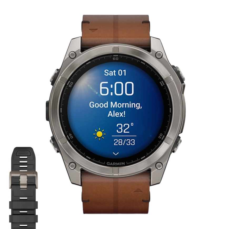 Спортивные часы Garmin fenix 8, 51 мм, AMOLED, каштановый кожаный ремешок, силиконовый ремешок цвета чёрный/«серая галька»