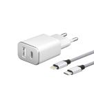 Адаптер питания Deppa мощностью 18 Вт и дата-кабель MFi с нейлоновой оплёткой USB-C/Lightning (USB-C PD 3.0, USB-A QC 3.0)