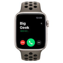 Apple Watch Series SE Nike+ GPS, 44mm, корпус из алюминия цвета «сияющая звезда», спортивный ремешок (Sport Band) цвета «Серая олива/чёрный» (2022)