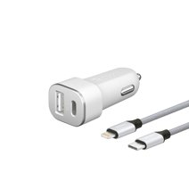 Автомобильное зарядное устройство Deppa мощностью 18 Вт и дата-кабель MFi с нейлоновой оплёткой USB-C/Lightning (USB-C PD 2.0, USB-A QC 3.0)