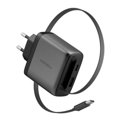 Сетевое зарядное устройство со встроенным кабелем Energea AmpCharge Arc 65 мощностью 65 Вт (USB-C, USB-A) (GaN)
