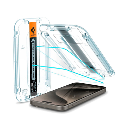 Защитное стекло с установочной формой Spigen GLAS.tR EZ FIT для iPhone 15 Pro Max (с защитой сенсоров) (комплект — 2 штуки)