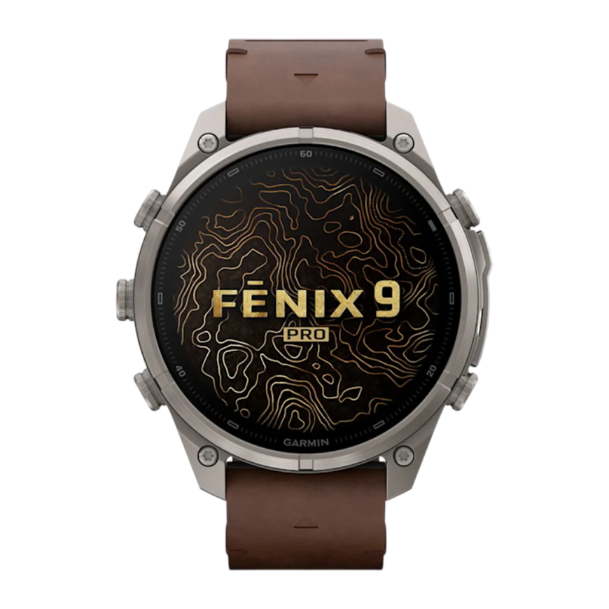 Спортивные часы Garmin fenix 9 Pro, 47 мм, AMOLED, титан, сапфир, кожаный ремешок цвета «грецкий орех», силиконовый ремешок (с inReach)