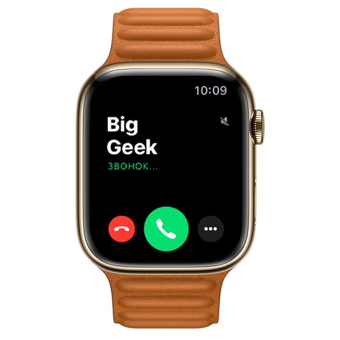 Apple Watch Series 7 GPS + Cellular, 45mm, корпус из стали золотого цвета, кожаный браслет (Leather Link) цвета «Золотистая охра»
