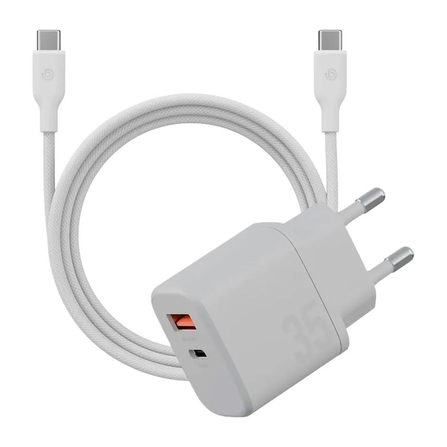 Сетевое зарядное устройство Energea Bazic Velox Kit мощностью 35 Вт (USB-C, USB-A) (GaN) и кабель USB-C с оплёткой (USB 2.0) (1,5 м)