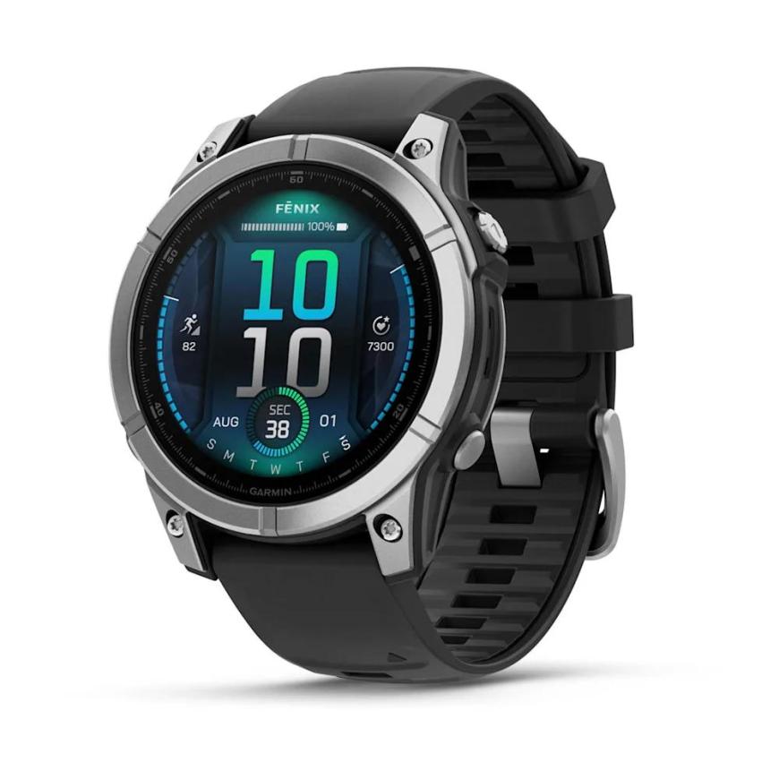 Умные спортивные часы Garmin fenix E, 47 мм, AMOLED, серебристая сталь, силиконовый ремешок чёрного цвета