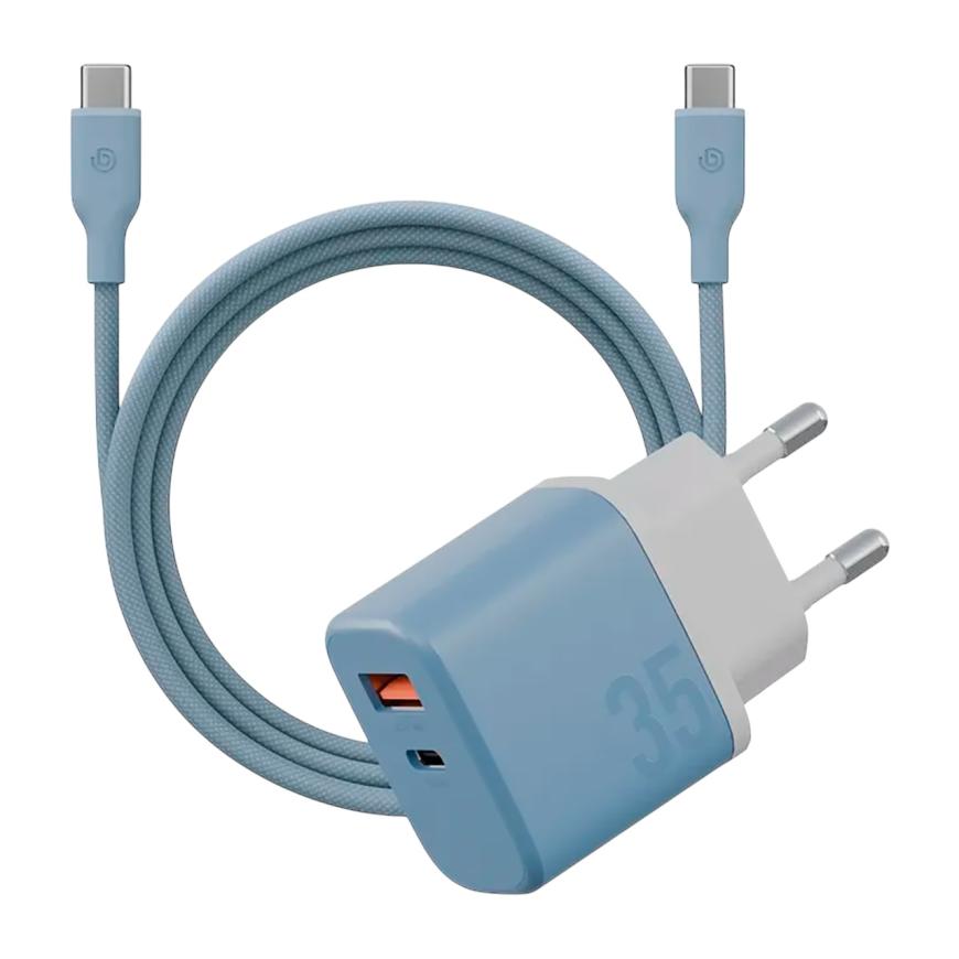 Сетевое зарядное устройство Energea Bazic Velox Kit мощностью 35 Вт (USB-C, USB-A) (GaN) и кабель USB-C с оплёткой (USB 2.0) (1,5 м)
