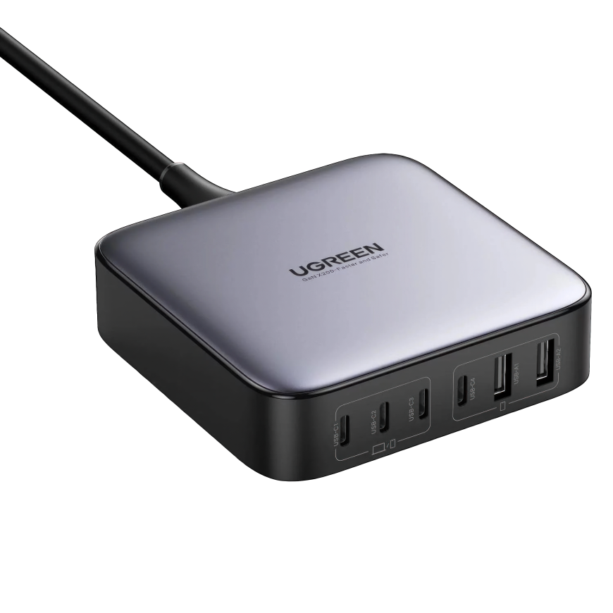 Многопортовое сетевое зарядное устройство Ugreen Nexode мощностью 200 Вт (4 USB-C, 2 USB-A) (GaN) и кабель USB-C (1,5 м) (CD271)