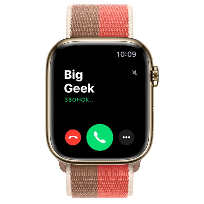 Apple Watch Series 7 GPS + Cellular, 45mm, корпус из стали золотого цвета, спортивный браслет (Sport Loop)  цвета «Розовый помело/миндальный»