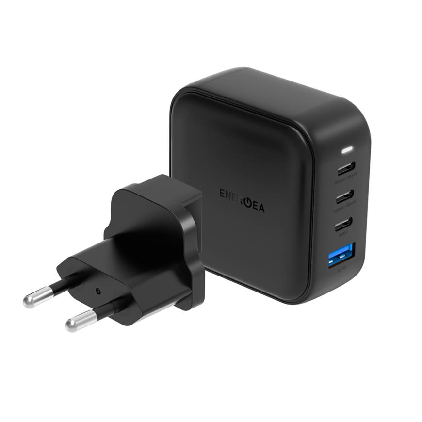 Многопортовое сетевое зарядное устройство Energea Travelite GaN100 мощностью 100 Вт (3 USB-C, USB-A) (US и EU) (GaN)