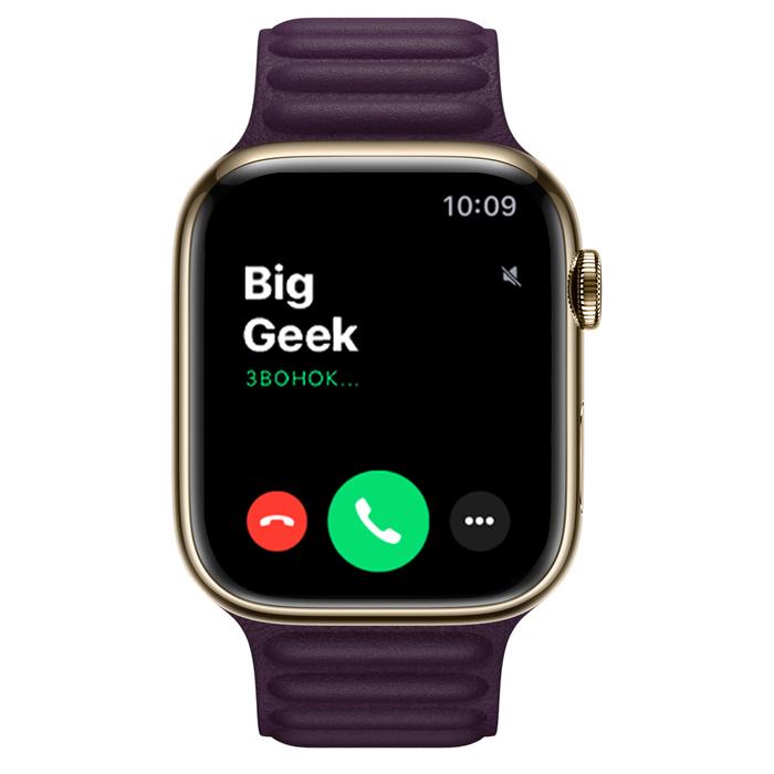 Apple Watch Series 7 GPS + Cellular, 45mm, корпус из стали золотого цвета, кожаный браслет (Leather Link) цвета «Тёмная вишня»