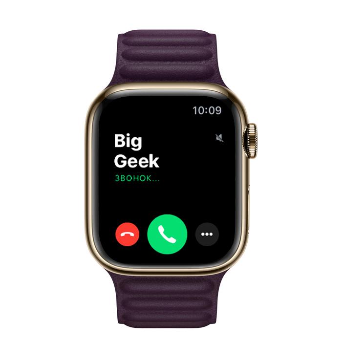 Apple Watch Series 7 GPS + Cellular, 41mm, корпус из стали золотого цвета, кожаный браслет (Leather Link) цвета «Тёмная вишня»