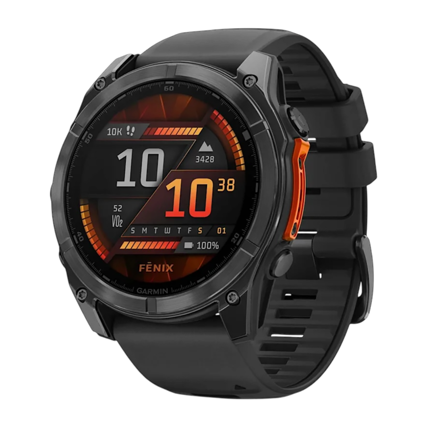 Умные спортивные часы Garmin fenix 8, 51 мм, AMOLED, сталь, силиконовый ремешок чёрного цвета