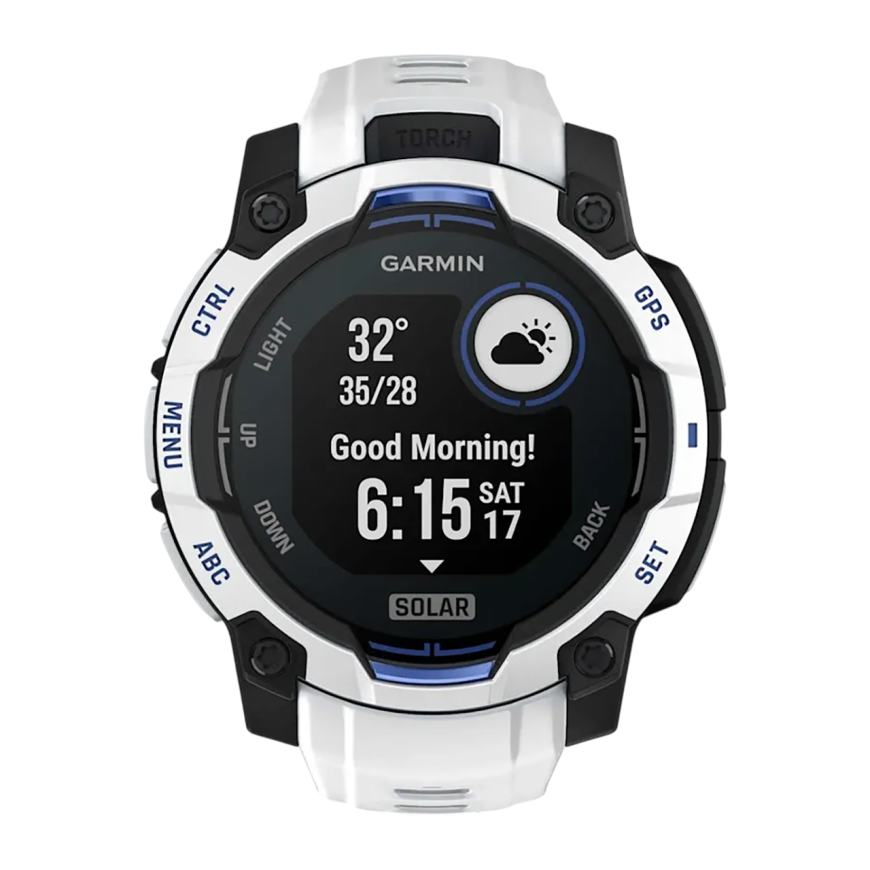 Спортивные часы Garmin Instinct 3, 45 мм, Solar, силиконовый ремешок цвета «Уайтстоун/синий»