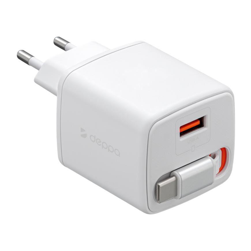 Сетевое зарядное устройство со встроенным кабелем Deppa мощностью 30 Вт (USB-A) (GaN)
