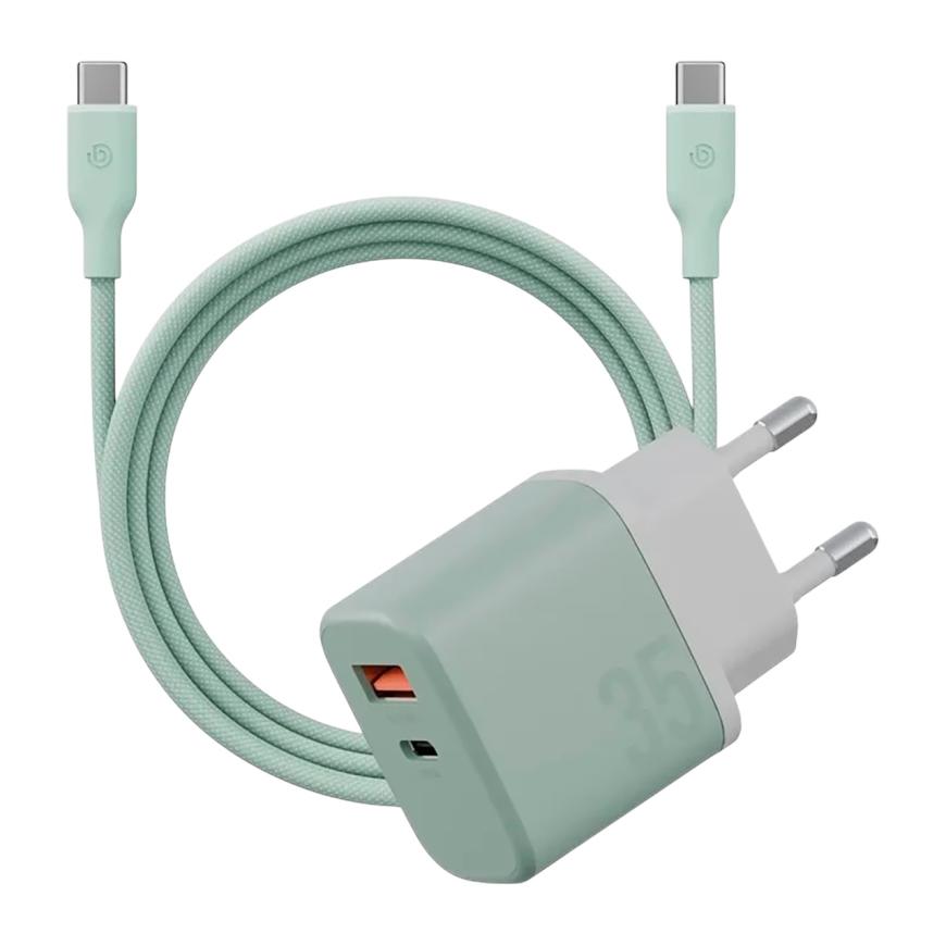 Сетевое зарядное устройство Energea Bazic Velox Kit мощностью 35 Вт (USB-C, USB-A) (GaN) и кабель USB-C с оплёткой (USB 2.0) (1,5 м)