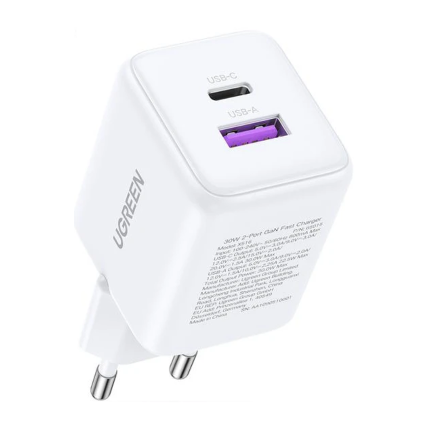 Сетевое зарядное устройство Ugreen мощностью 30 Вт (USB-C, USB-A) (GaN) (X516)
