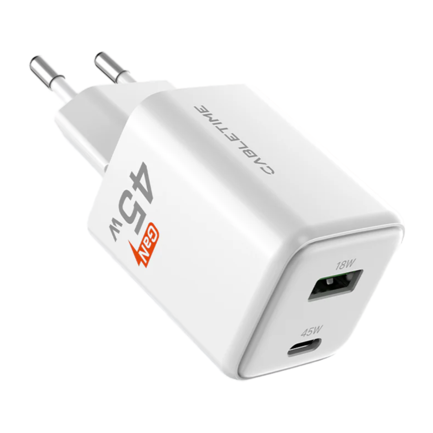 Сетевое зарядное устройство CABLETIME мощностью 45 Вт (USB-C, USB-A) (GaN)
