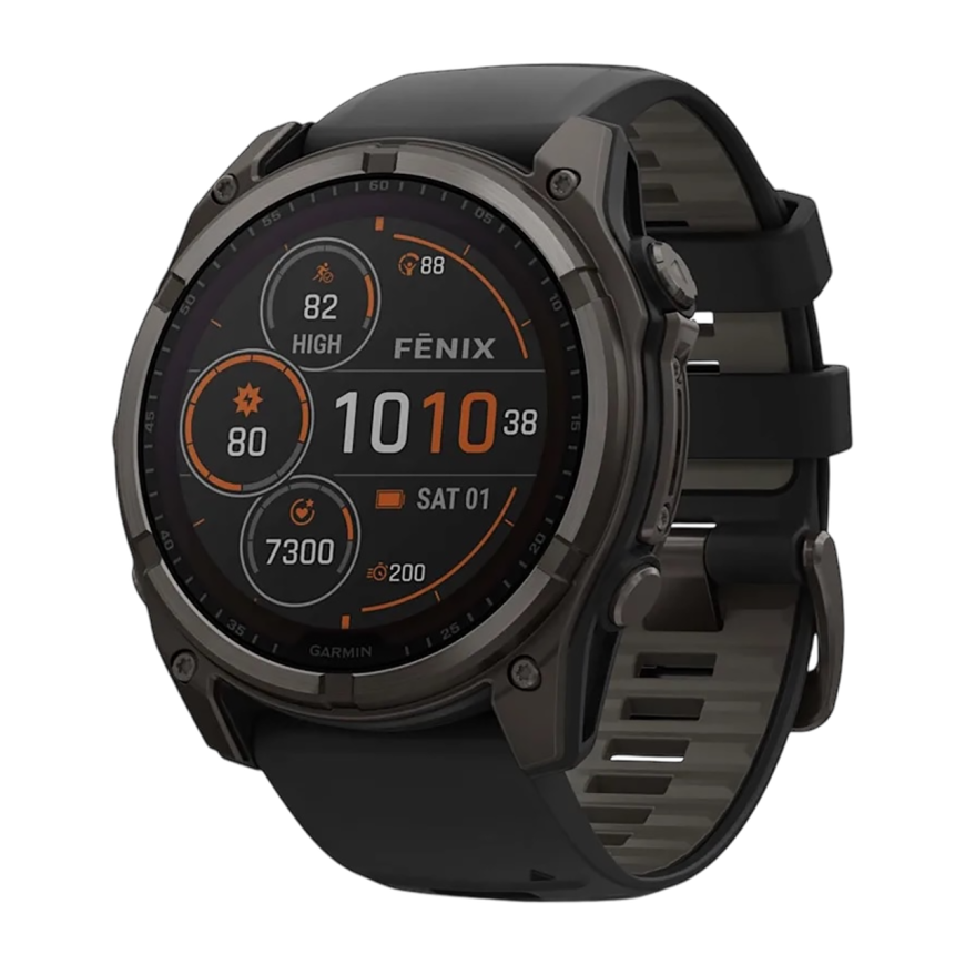 Умные спортивные часы Garmin fenix 8, 51 мм, Solar, сапфир, титан с DLC, силиконовый ремешок цвета «чёрный/серый»